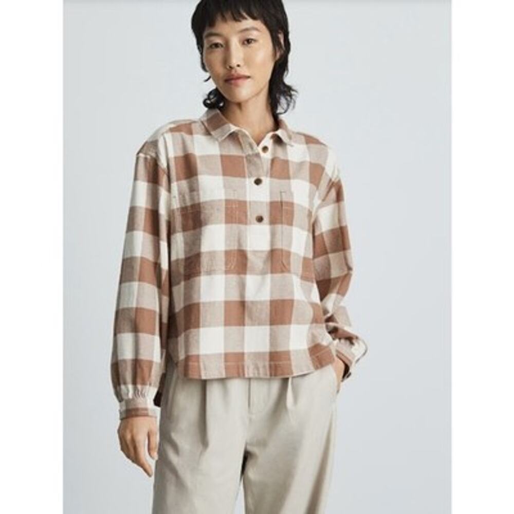 Everlane Womens Flannel Popover Top XS Tan White Plaid Organic Cotton NWOT